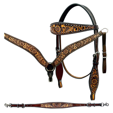 Bar H Equine Genuine Western American Leather Horse Premium Headstall & Breast Collar Set